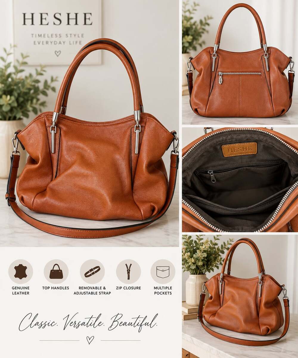 HESHE Genuine Leather Cognac Satchel Shoulder Crossbody Bag – NWOT
